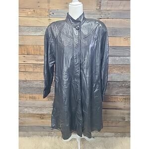 Vintage 80’s USA Leather Tibor Midi Black Leather Trench Coat Shoulder Pads Vent